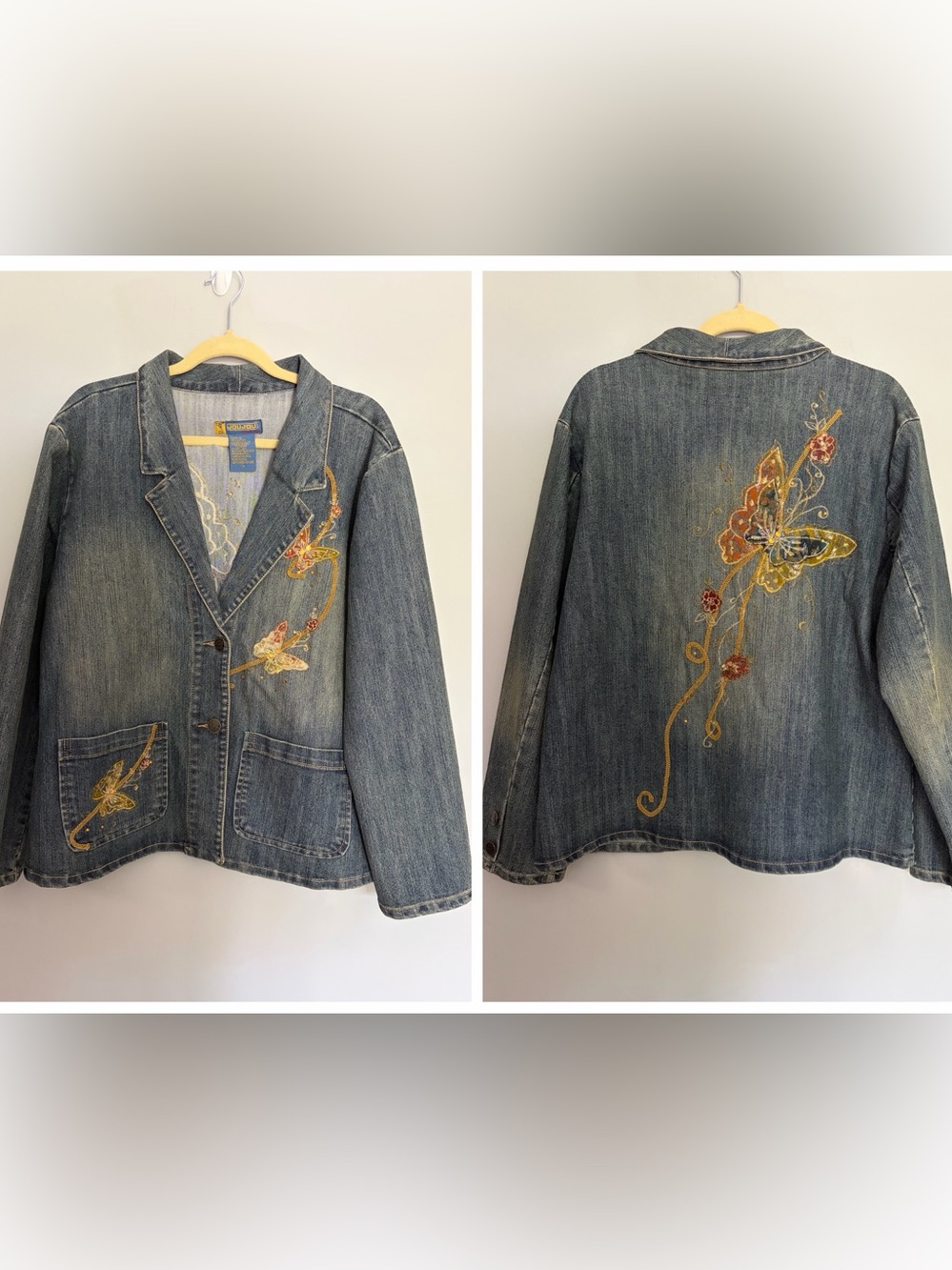 Y2K JouJou Butterfly Jean Jacket Women’s XL Gold Embroidered Sequins Studs Denim